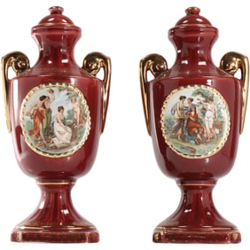 Pair Empire Style English Porcelain Decorative Urns Garnitures Maiden Scenic Panels 11.5 in. height