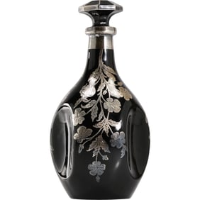 Art Deco Black Glass Floral Pattern Sterling Overlay Glass Pinch Decanter with stopper 10 in. height