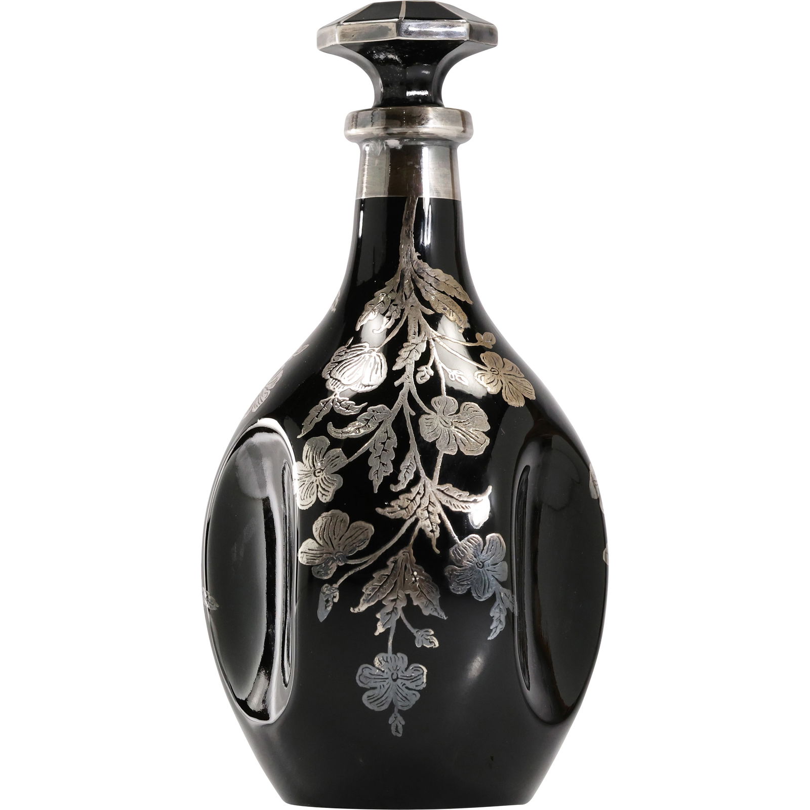 Art Deco Black Glass Floral Pattern Sterling Overlay Glass Pinch Decanter with stopper 10 in. height (1 of 17)
