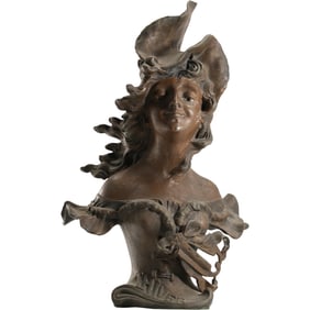 Art Nouveau Cast Metal Spelter Bust Fashion Woman "L'hiver" (Winter), after Franz Iffland 1862-1935