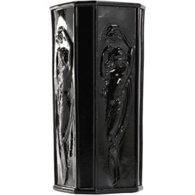 Tiffin Glass Co Black Glass Art Deco Vase - Nude Dancing Figures 9.5 in. height