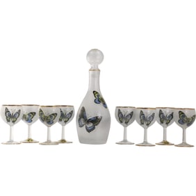 9 Piece Set Mid-Century Modern Glass Decanter with 8 Stemmed Goblets BUTTERFLIES Motif