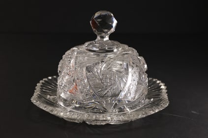 American Brilliant Cut Glass Covered Round Butter Dish 8.5 in. diameter