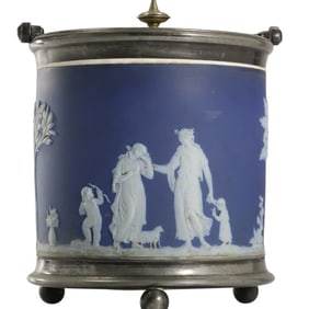 Antique Wedgwood Blue Jasperware Biscuit Barrel Jar, Footed Silver Plate Frame 6 in. x 6.5 in.