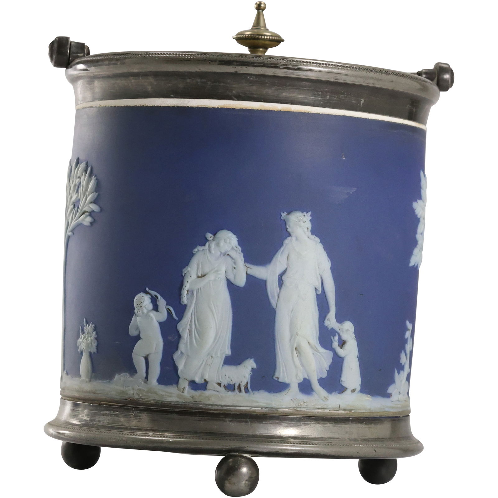 Antique Wedgwood Blue Jasperware Biscuit Barrel Jar, Footed Silver Plate Frame 6 in. x 6.5 in. (1 of 14)