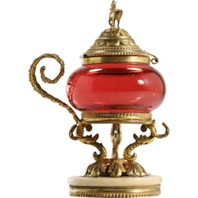 Neo-Renaissance COVERED BOWL ON FOOT, Cranberry Glass with Gold Gilt Metal Mounts