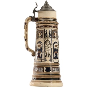 Signed JWR 4L Stoneware Tankard Stein All Around Decoration, Pewter Lid 18 in. height, 8 in. wide