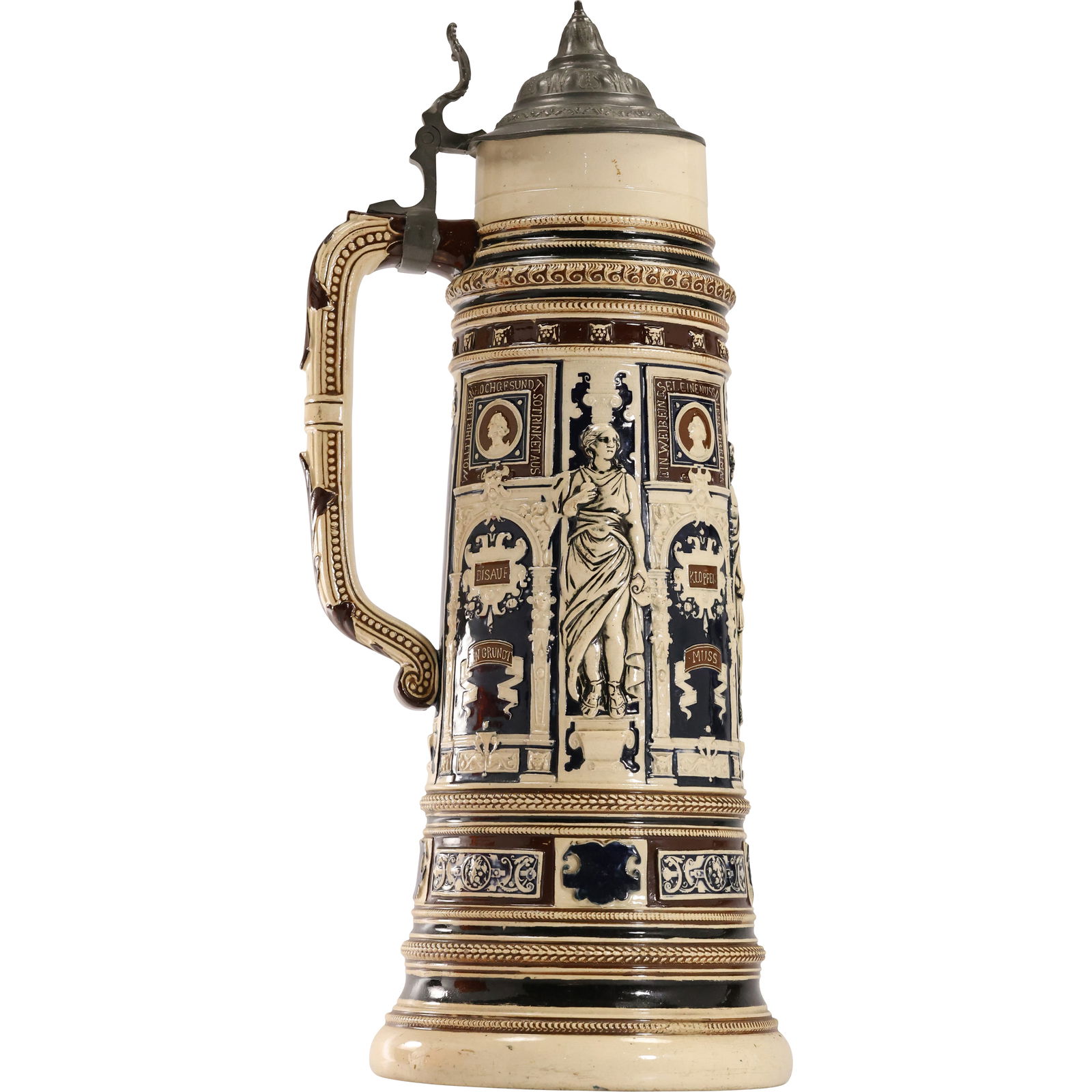 Signed JWR 4L Stoneware Tankard Stein All Around Decoration, Pewter Lid 18 in. height, 8 in. wide (1 of 19)