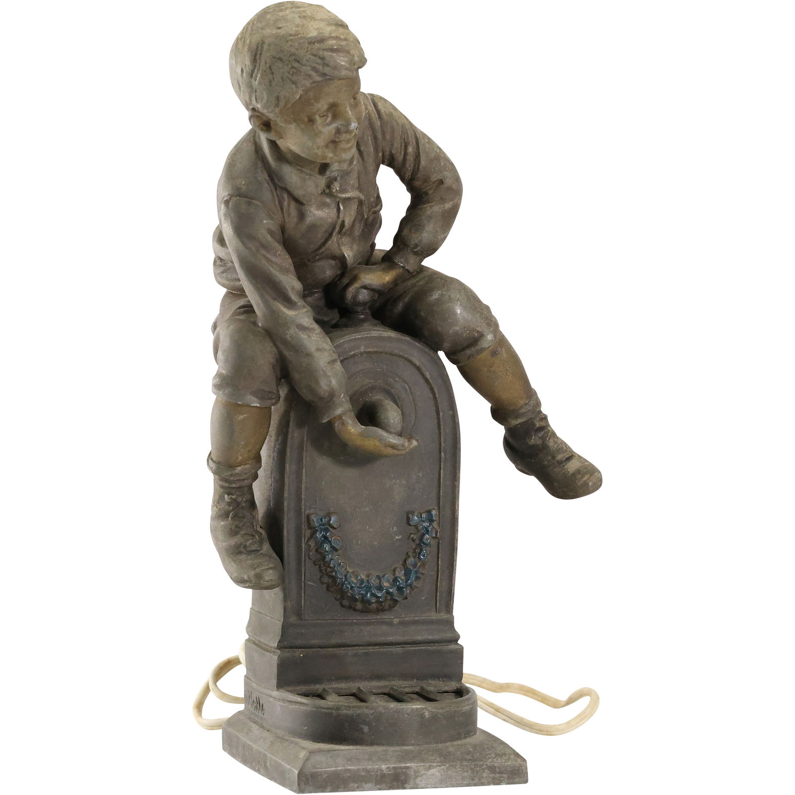 Cica 1920s Cast Metal Spelter Figural Lamp "Boy on a Water Pump" by A.J. Scotte, 11 in. height: Cica 1920s Cast Metal Spelter Figural Lamp "Boy on a Water Pump" by A.J. Scotte, 11 in. height. size: 11h x 5w