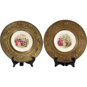 2 Alfred Meakin Porcelain Scenic Cabinet Plates with Wide Brass Frames, Woman Playing Mandolin