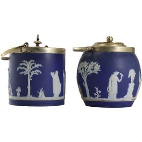 2 Antique Wedgwood Jasperware Biscuit Barrel Jars Silver Plate Top, Handle and Covers