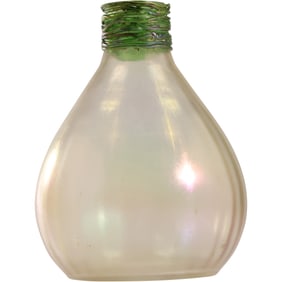 Signed Loetz Austria Iridescent Art Glass Vase with Green Spun Glass Top Collar 7.5 in. height