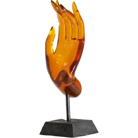 Vintage MCM Amber Lucite Hand of Buddha Sculpture - iconic Buddha hand gesture called Karana Mudra
