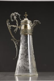 19 C. Silver Dragon Lizard Figural Fish Cut Etched Glass Tankard Pitcher Claret Jug 13 in. height