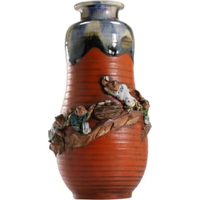 Sumida Gawa Japanese Pottery Tall Vase with Figures in Relif, 10 in. height x 6 in. wide
