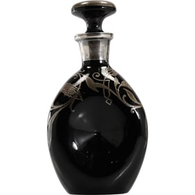 Art Deco Black Glass Thistle Pattern Sterling Overlay Glass Pinch Decanter with stopper 9 in. height