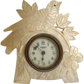New Haven Clock Co, Hand Carved "Bird and Flower"  Mother of Pearl Shell Clock 7 in. x 5 in.