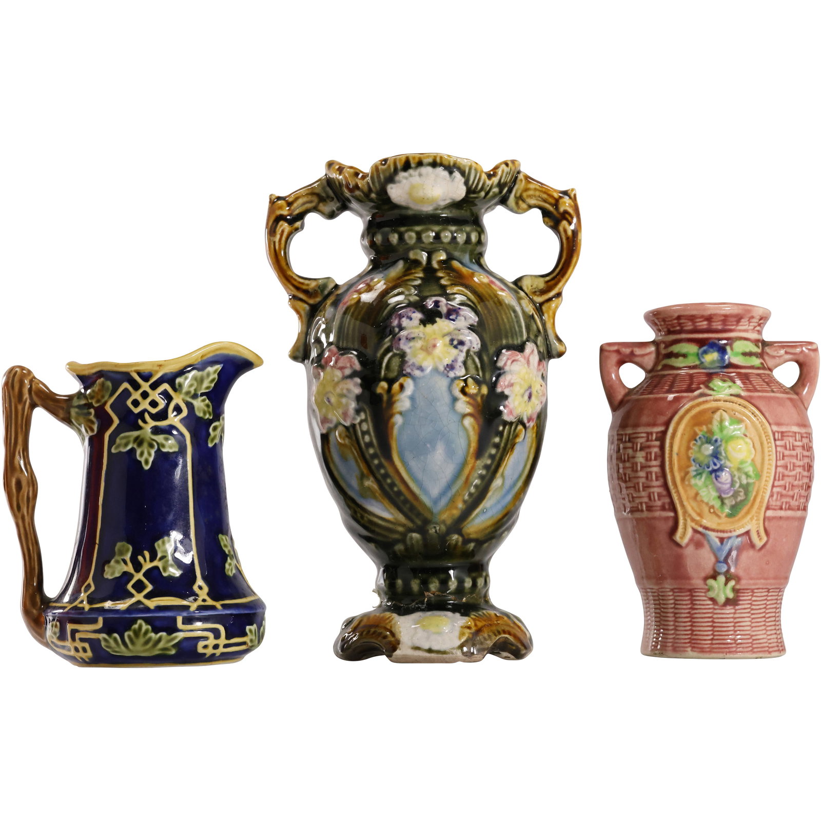 3 Assorted 19th C. Majolica Cabinet Vases [2] and 1 Creamer 8 inches  x 6 in. (1 of 20)
