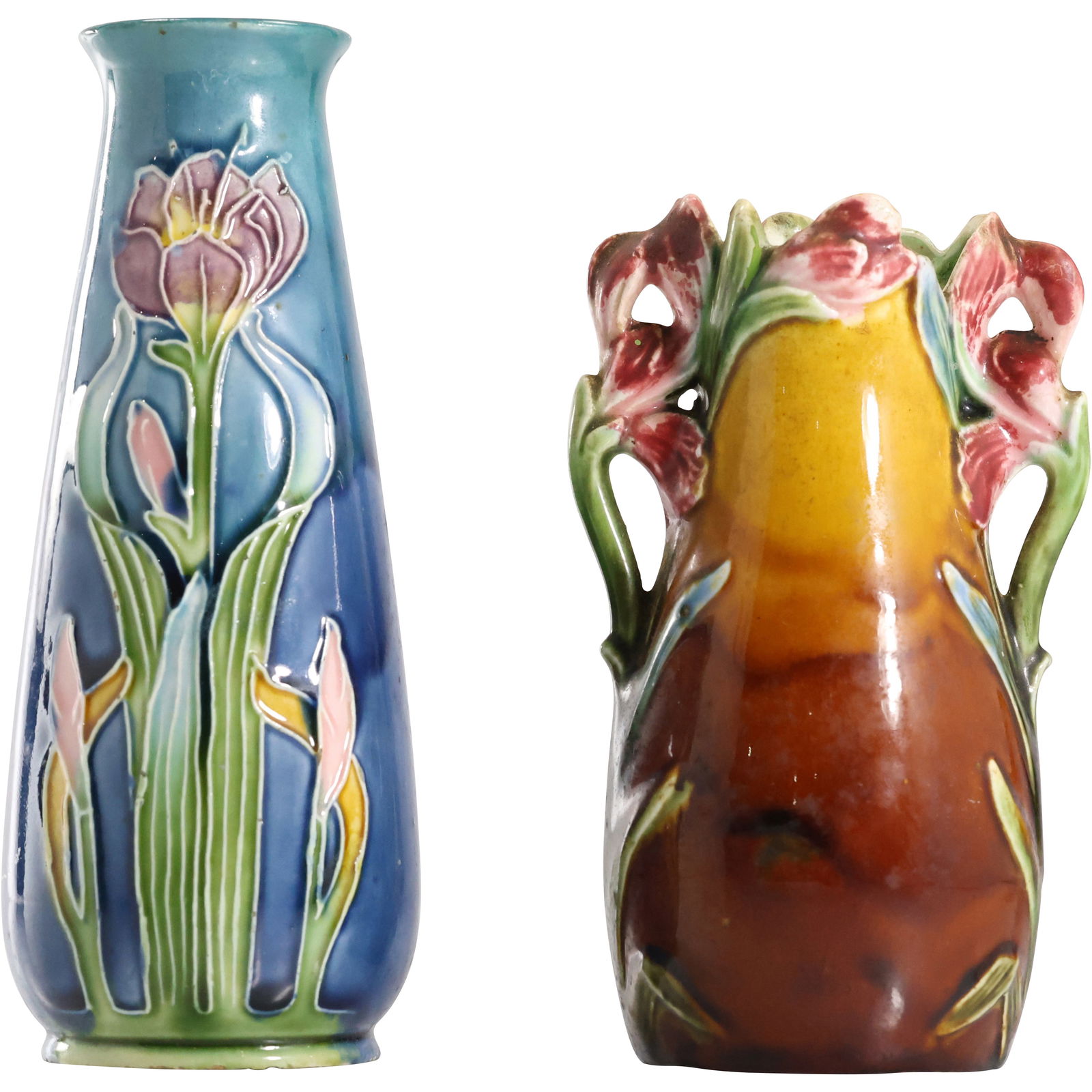 2 Art Nouveau 19th C. Majolica Pottery Cabinet Vases 7 in. height (1 of 19)