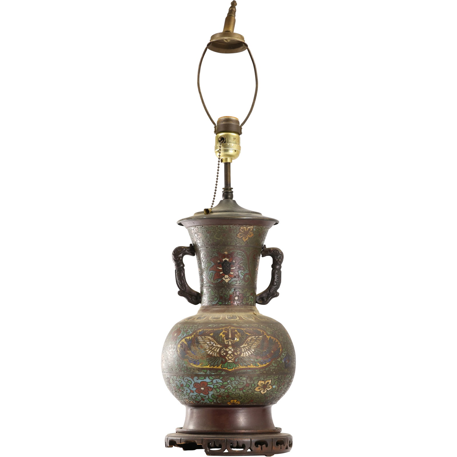 BAT BIRD Antique Cloisonne Chinese Bronze Urn Table Lamp 27 in. overall height (1 of 14)