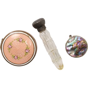 [3] Vintage Enameled Compact 2 in. dia.; Abalone Trinket Box 1 1/4 in.; Sterling Top Perfumer