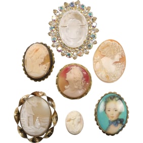 7 Assorted: 5 Framed Cameo Pins and 2 Cameos without Frames range 1 in. to 3 in.