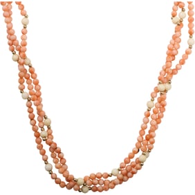14K Gold Clasp with 14K Beads Stunning 3-Strand Coral Necklace [one strand needs repair]