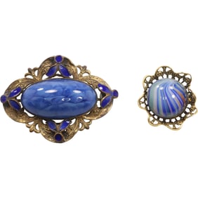 2 Pc. Quality Costume Blue Enameled with Large Blue Stone in Center Pin & Small Gold tone