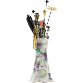 Porcelain Hat Pin Holder with 22 Assorted Stick and Hat Pins - See Pictures