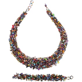 3-Piece Multi Layers Colorful Glass Beads Hand Made Necklace, Bracelet, Pierced Earrings