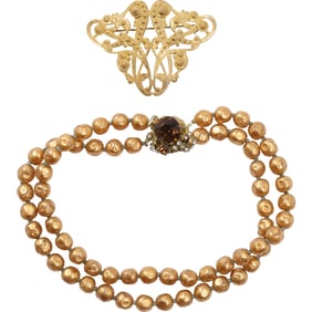 [2] Miriam Haskell Faux Gold Tone Pearls with Amber Glass Clasp Necklace; Mariam Haskell