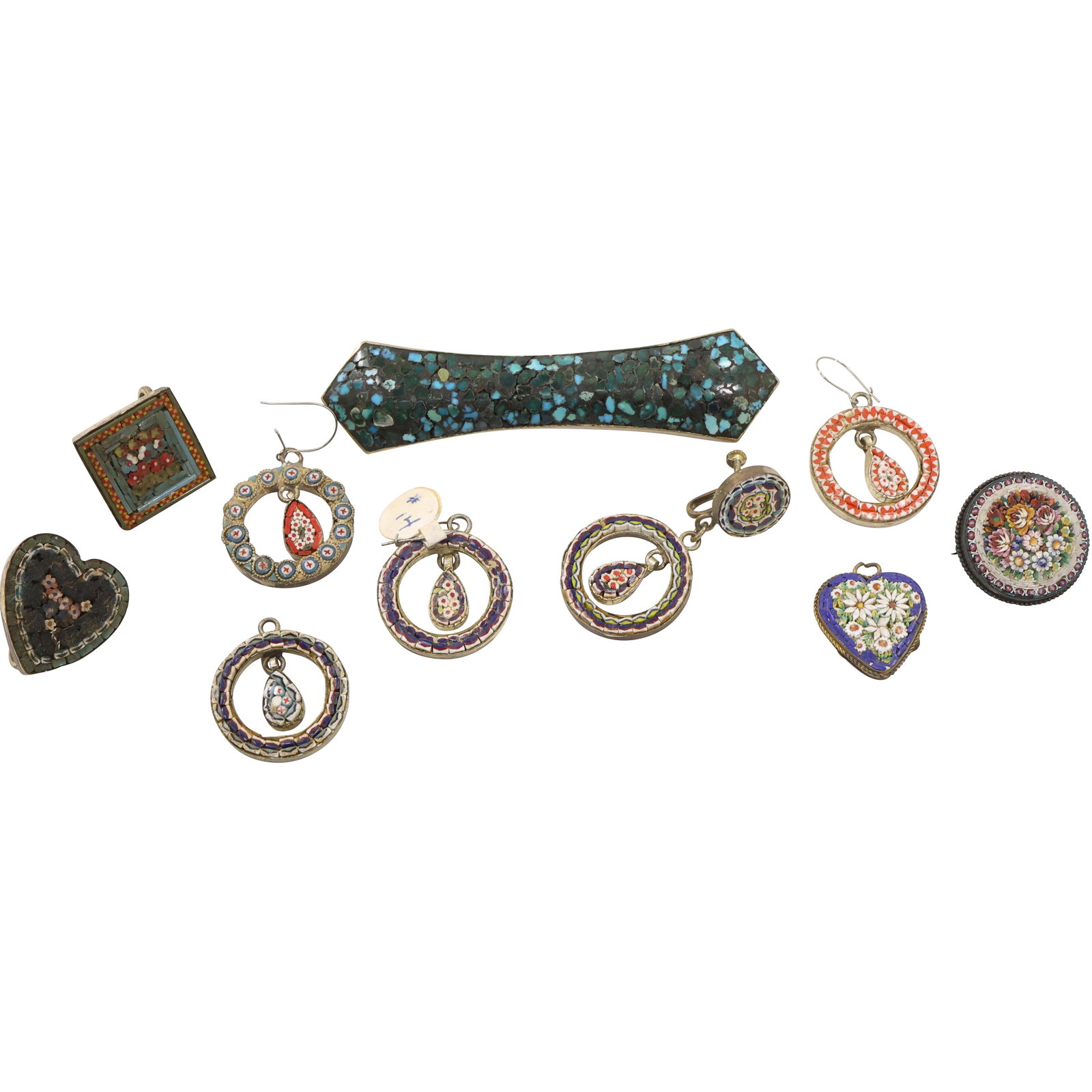 [10] Long Turquoise Inlaid Pin 3 1/2 in. x 1 in. ; 9 Pieces Assorted Micro Mosaic Earrings, Pendants (1 of 16)