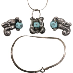 5 Pc. Sterling Set: Karu .925 Sterling 18 in. Herringbone Chain, Karu Sterling and Turquoise