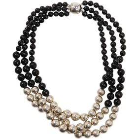 .925 Sterling 3-Strand of Beads. ,925 Sterling Closure, 3-Strands of Black Onyx Beads Necklace