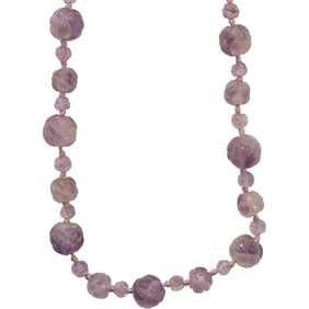 1920s Carved Purple Amethyst Necklace with 14K Gold Clasp, 44 inches x 1/2 in.