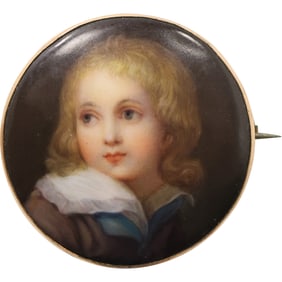 Stunning Hand Painted Victorian Portrait on Porcelain in a Gold Tone Frame 1 3/4 in. dia.