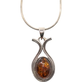 .925 Sterling Silver Amber Pendant Necklace on a .925 Sterling 16 in. Snake Chain