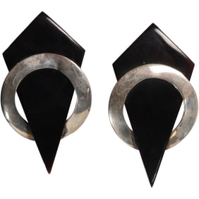 .925 Sterling Silver Modernism with Black Lucite Triangular Pieces Earrings 2 1/4 in. x 1 1/4 in.
