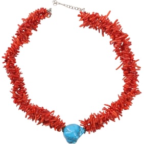 3-Strand Coral Necklace with Large Center Turquoise Stone 18 in. x 3/4 in.