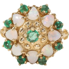 Stunning 14K Gold African Opals and 9 Emeralds Ring Size 8.5,  3/4 in. diameter