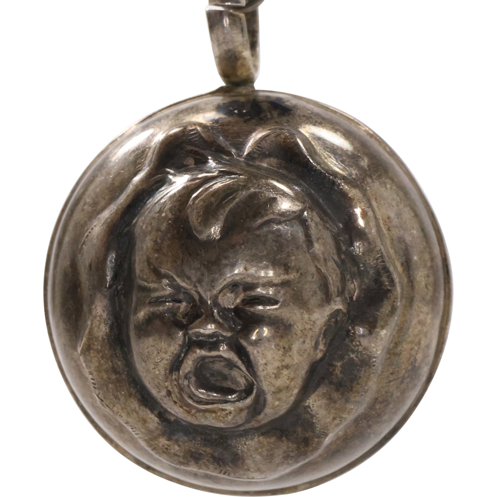 Sterling Silver 23 grams Baby Face Rattle 1 1/2 in. dia.; on a 24 in. Silver Chain [not Sterling] (1 of 19)