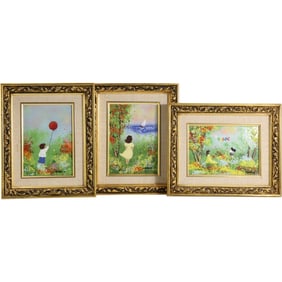 3 Assorted Signed Cardin Enamel Art on Copper Plaques, Framed, Playful Children