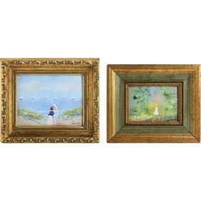 2 Enamel Art of Copper Plaques Framed Signed Lucey, Fashion Woman at Shore; Woman in Field