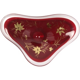 Large Vintage Thick Glass Murano Oxblood Red Bowl Hand Painted Gold Floral Decoration 15 in.