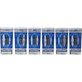 Set of 6 HAZEL ATLAS BLUE with GOLD GRAPES & WHEAT HIGHBALL GLASSES
