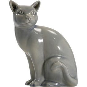 Mid-Century Modern Seated Cat Figure in Grey Ceramic 10.5 in. height x 9 in. wide