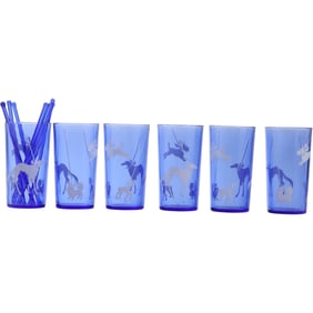 Set 6 Vintage Hazel Atlas Blue Tumblers Decorated With Dogs on Leashes,Stirrers Included