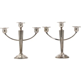 Pair Sterling Silver Weighted Triple Light Candelabras. 8 in. height x 9 in. wide