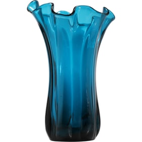 Mid-Century Modern Blue Ruffled Rim Tall Blown Glass Vase 14 inches height x 10 in. wide