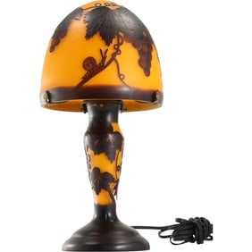 French Cameo Glass Boudoir Table Lamp "Grapes and Leaves:"14.5 in. height x 7 in. dia. shade